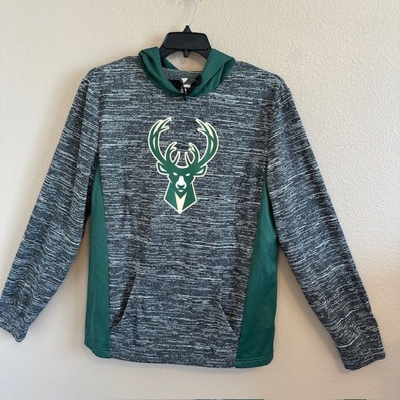 Fanatics NBA Milwaukee Bucks Men's Gray & Green Hooded Hoodie‎ Sweatshirt LG - Picture 3 of 7